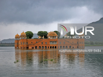 A view of  historical ' Jal Mahal' as clouds hover over it on a rainy day during the monsoon season in Jaipur, Rajasthan, India, Saturday, J...