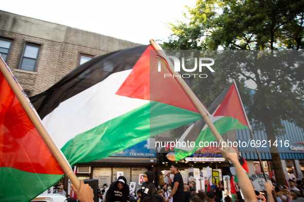 People hold palestinian flags during a demonstrate in support of Palestine in Brooklyn, New York, US on July 31, 2021.  