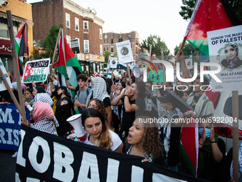 People hold palestinian flags during a demonstrate in support of Palestine in Brooklyn, New York, US on July 31, 2021.  (