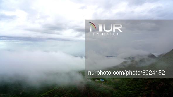 A Aerial view of Ajmer City during Clouds Hover over during the Monsoon Season in Ajmer, Rajasthan, India, on 1st August 2021. 