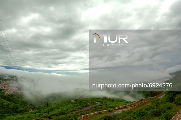 A Aerial view of Ajmer City during Clouds Hover over during the Monsoon Season in Ajmer, Rajasthan, India, on 1st August 2021. 