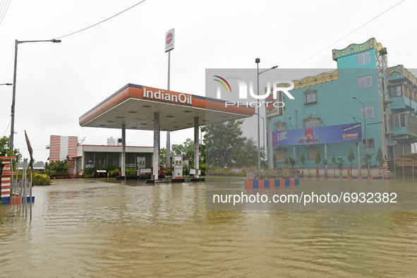 A flooded petrol pump in Udaynarayanpur, Howrah district of West Bengal, India, 04 August, 2021.  