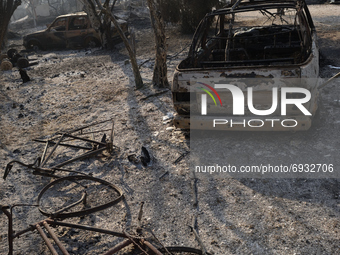 Bicycles and cars are destroyed by the wildfire in the northern suburb of Athens Varimpompi, on August 4, 2021. (