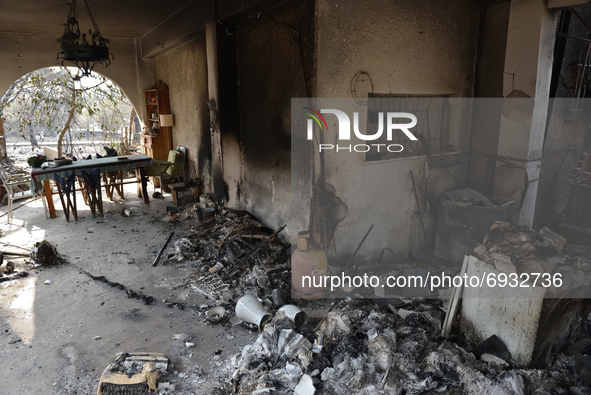A house is   destroyed  by the wildfire in the northern suburb of Athens Varimpompi, on August 4, 2021. 