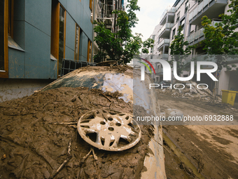 a damaged car are seen with mud in Bad Neuenahr-Ahrweiler, Germany on August 4, 2021 as two weeks after flood disaster (