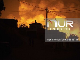 Kourkouli village during the night amid the wildfires, in Evia, Greece, on August 5, 2021. -Thousands of people have fled to safety from a w...