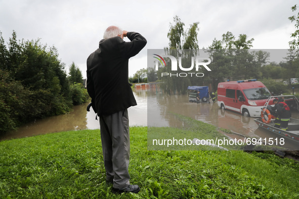 Streets and households areas of Bierzanow district are flooded with water after heavy rain shower in Krakow, Poland on August 6th, 2021.  