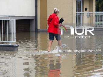 Streets and households areas of Bierzanow district are flooded with water after heavy rain shower in Krakow, Poland on August 6th, 2021.  (