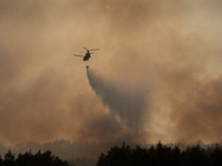 A firefighting helicopter releasing buckets of water during the wildfires in  Evia, Greece, on August 5th, 2021. (