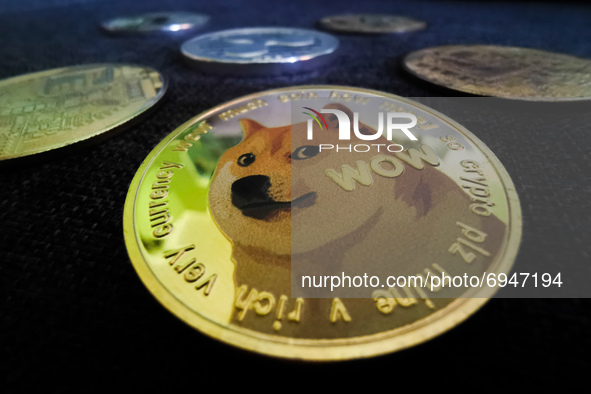 Representation of Dogecoin cryptocurrency is seen in this illustration photo taken in Sulkowice, Poland on August 10, 2021. (Photo Illustrat...