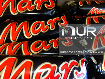 Mars chocolate bars packaging are seen in a shop in Sulkowice, Poland on August 12, 2021. (