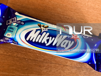 MilkyWay chocolate bar packaging is seen in Sulkowice, Poland on August 12, 2021. (