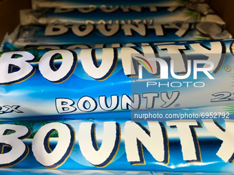 Bounty chocolate bars packaging are seen in a shop in Sulkowice, Poland on August 12, 2021. (