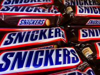 Snickers chocolate bars packaging are seen in a shop in Sulkowice, Poland on August 12, 2021. (