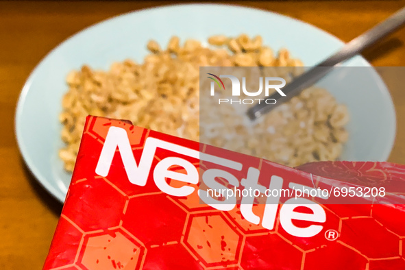 Nestle logo on a packaging and a Kangus breakfast cereal are seen in this illustration photo taken in Sulkowice, Poland on August 12, 2021. 