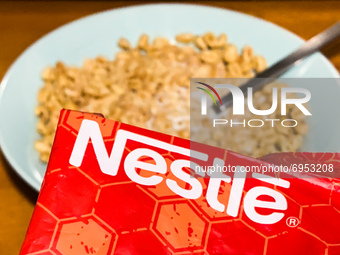 Nestle logo on a packaging and a Kangus breakfast cereal are seen in this illustration photo taken in Sulkowice, Poland on August 12, 2021....