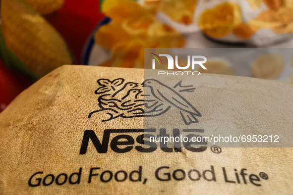Nestle logo is seen on a breakfast cereal packaging in this illustration photo taken in Sulkowice, Poland on August 12, 2021. 