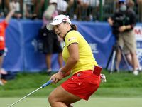 Ha Na Jang of South Korea reacts after missing her shot on the 18th green during the final round of the Marathon LPGA Classic golf tournamen...
