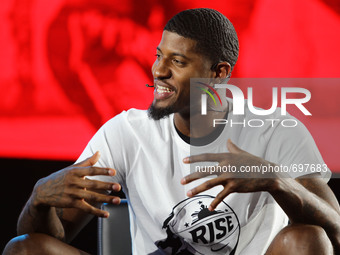 Mandaluyong City, Philippines - Paul George of the Indiana Pacers gestures during the Nike Rise press conference in Mandaluyong City on July...