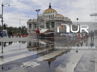 Panoramic view of the Palacio de Bellas Artes after rains and strong gusts of wind in Mexico City due to Hurricane Grace, which is advancing...