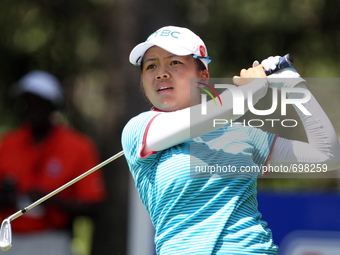 Wei-Ling Hsu of Chinese Taipei follows her shot off the 6th tee during the third round of the Marathon LPGA Classic golf tournament at Highl...