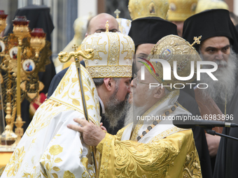 Ecumenical Patriarch Bartholomew and Head of Orthodox Church of Ukraine Epifaniy after a religious service close to the St. Sophia Cathedral...