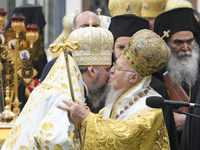 Ecumenical Patriarch Bartholomew and Head of Orthodox Church of Ukraine Epifaniy after a religious service close to the St. Sophia Cathedral...