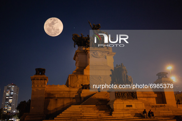 Moon Blue is seen at the Independence Monument this Sunday night, August 22, 2021 in the Ipiranga neighborhood in São Paulo Brazil 