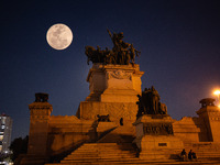 Moon Blue is seen at the Independence Monument this Sunday night, August 22, 2021 in the Ipiranga neighborhood in São Paulo Brazil (