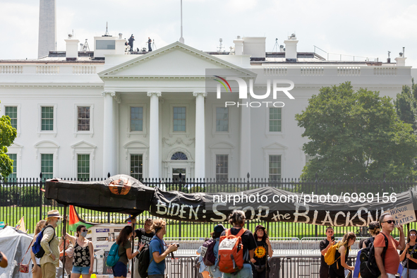 A black snake symbolizing oil pipelines arrives at the White House  during a protest against Enbridge's Line 3 pipeline sponsored by Shut Do...