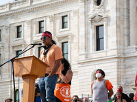 Jim Northrup speaks during a rally at Saint Paul, the Minnesota State Capitol, USA on August 25, 2021 for ''Treaties Not Tar Sands,'' a peac...