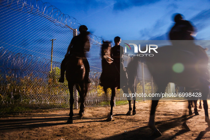 Hungarian police on horses is riding along a barbwire fence at the border line between Serbia and Hungary in Roszke, southern Hungary on Sep...