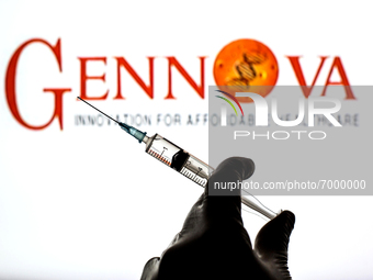 In this photo illustration, a close up of a hand holding a medical syringe in front of the Gennova Biopharmaceuticals Ltd logo (