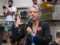 LONDON, UNITED KINGDOM - AUGUST 27, 2021: Extinction Rebellion co-founder Dr Gail Bradbrook addresses activists from Extinction Rebellion ga...