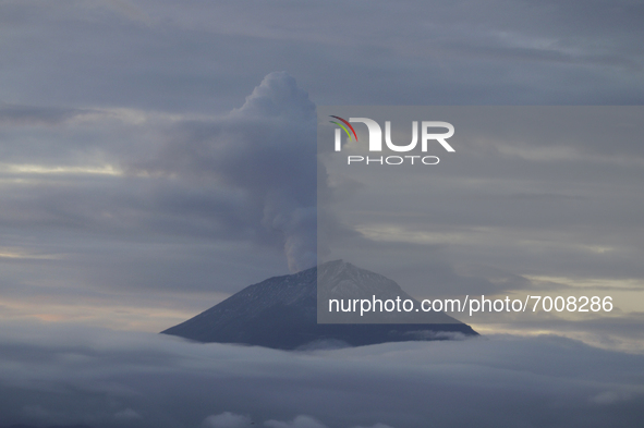 Popocatépetl volcano emits a plume of water vapour, gases and ash, during dawn and COVID-19 health emergency in Mexico. 