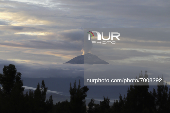 Popocatépetl volcano emits a plume of water vapour, gases and ash, during dawn and COVID-19 health emergency in Mexico. 