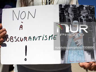 A placard reads 'No to obscurantism'. Dozens of members of the Afghani community of Toulouse organized a gathering in Toulouse to raise awer...