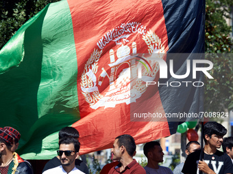 The Afghanistan national flag. Dozens of members of the Afghani community of Toulouse organized a gathering in Toulouse to raise awereness a...