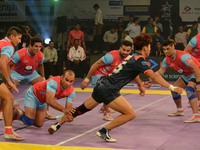 Players in action during the Pro Kabaddi league match between Jaipur Pink Panthers  and Bengal Warriors in Kolkata, India on Wednesday , Jul...
