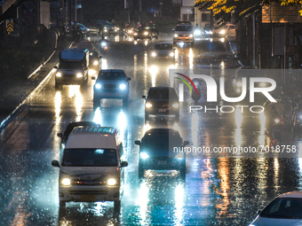 A view of vehicle on the road during the heavy rain in Bangkok on September 1, 2021 in Bangkok, Thailand. (