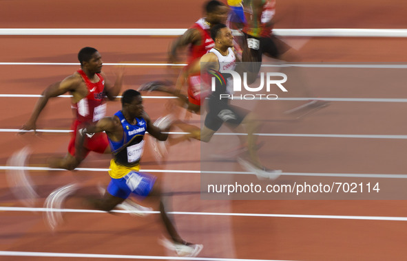 (150723) -- TORONTO, July 23, 2015()-- Andre De Grasse (4th L) of Canada competes during the men's 100m final race of the athletics event at...