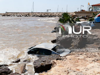 Cars thrown into the sea by floods the day after flash floods on September 2, 2021 in Les Cases dAlcanar, Spain.
Torrential rains caused dev...