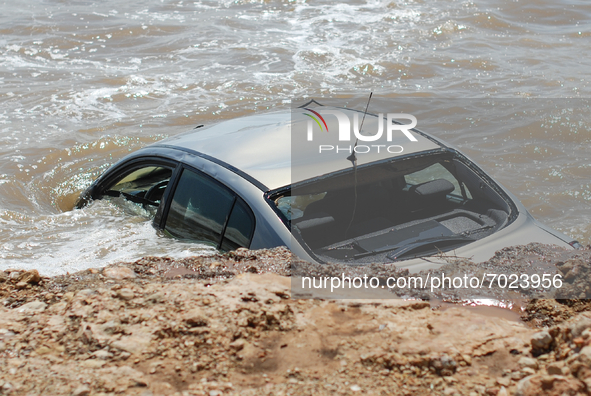 A car thrown into the sea by floods the day after flash floods on September 2, 2021 in Les Cases dAlcanar, Spain.
Torrential rains caused de...