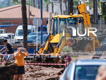 An excavator machine cleaning the street the day after flash floods on September 2, 2021 in Les Cases dAlcanar, Spain.
Torrential rains caus...