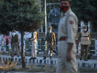 Indian police forces stand alert during clashes after curfew was lifted in old city Srinagar, Indian Administered Kashmir on 02 September 20...