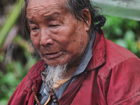 A 90 year-old Lepcha Bomthing (Lepcha priest) chants prayers during an animal sacrifice ceremony to appease evil spirits in a small village...