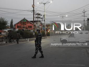 Indian forces stand alert during curfew after Senior Pro-Freedom leader Syed Ali Shah Geelani, 92, passed away at his residence in Srinagar,...