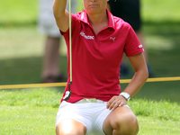 Lee-Anne Pace of South Africa  lines up her putt on the 10th green during the first round of the Meijer LPGA Classic golf tournament at Blyt...