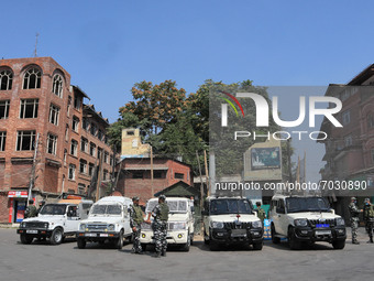 Indian paramilitary troopers stand alert during restrictions in Srinagar, Indian Administered Kashmir on 03 September 2021. Curfew was impos...