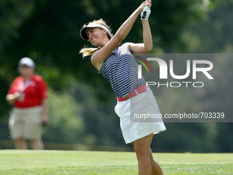 Louise Stahle of Sweden follows her shot down the fairway toward the 18th green during the first round of the Meijer LPGA Classic golf tourn...